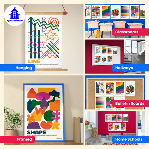 Collage of Seven Art Classroom Posters Set for Decor and Learning, Line, Shape, Color, Form, Value, Texture, Space, 12 by 18 Inches in various settings