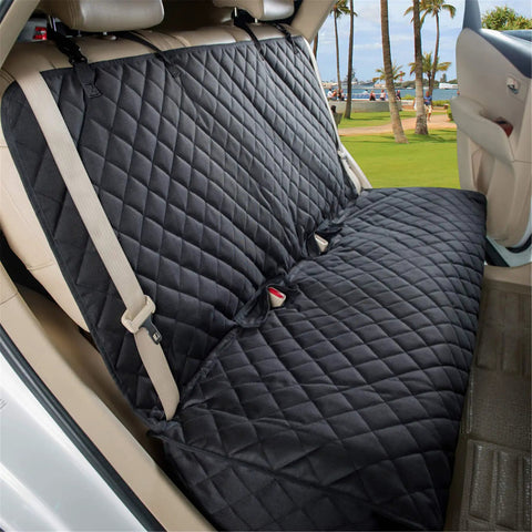 Heavy Duty Waterproof Bench Car Seat Cover Protector For Dogs Nonslip Universal Fit in SUV, Black, quilted fabric with anchors.