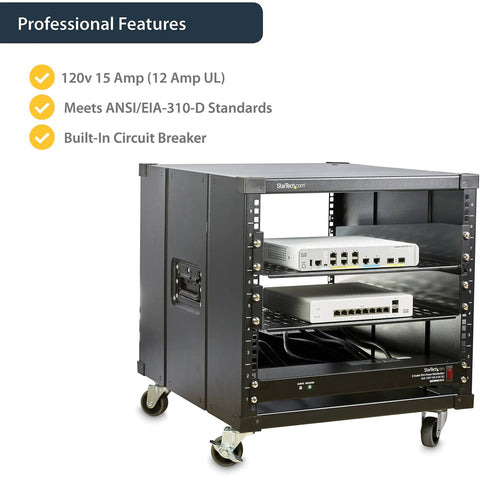 8 Outlet 1U Rack Mount PDU Power Strip With 6 Foot Cord 120V 15A Surge Protected For Network And Server Racks Horizontal 19 Inch Mount Must Have Cable Management Durable Plug And Play Accessory in a 1U server rack cart