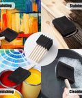 Massive 120 Piece Bulk Crate Of Two Inch Foam Paint Brushes With Tough Wood Handles shown in use for painting, staining, varnishing, and cleaning.