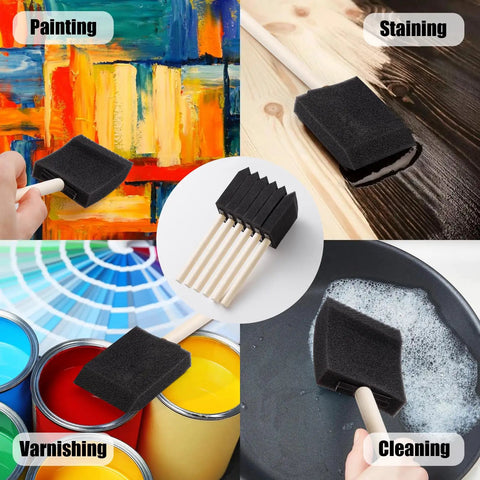 Massive 120 Piece Bulk Crate Of Two Inch Foam Paint Brushes With Tough Wood Handles shown in use for painting, staining, varnishing, and cleaning.