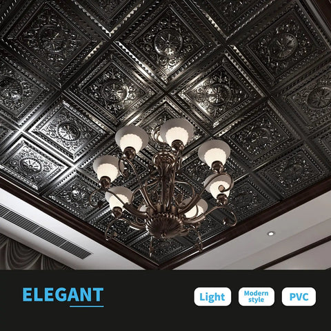 Copper 2x2 Drop Ceiling Tiles, Glue Up PVC Panels installed with chandelier, showcasing lightweight and durable design.