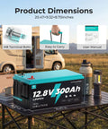 12V 300Ah LiFePO4 Battery Deep Cycle with 3840Wh Capacity on outdoor table near RV and lantern