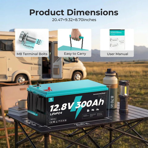 12V 300Ah LiFePO4 Battery Deep Cycle with 3840Wh Capacity on outdoor table near RV and lantern