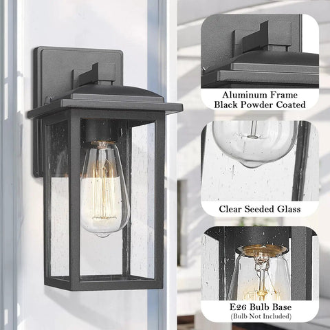 2 Pack Outdoor Wall Sconces Lantern Lights With Seeded Glass In Black Finish, Weatherproof Aluminum Exterior Fixtures