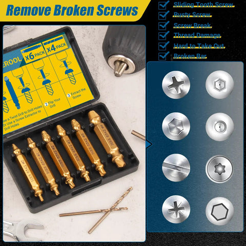 10 Piece Damaged Screw Extractor Set With 6 HSS 6542 Extractors And 4 Twist Drill Bits for Stripped Screws Titanium Gold Plated Surface