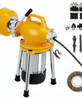 Heavy Duty Auto Feed Electric Drain Cleaner 500W Plug Chucker Powerhouse with cables, tools, and gloves for unclogging drains.