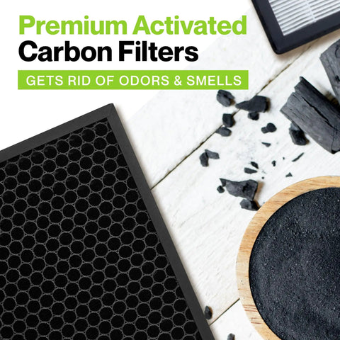 Replacement Filter Kit For Levoit LV-PUR131 Series With activated carbon pre-filter and black charcoal bits on table.