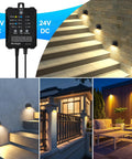 All In One Low Voltage LED Deck Lights Kit With Transformer Timer And Photocell Sensor IP67 Waterproof Outdoor Walkway And Stair Lighting Warm White Fence Post And Railing Lights 8 Pack showing lit outdoor steps and seating area at night.