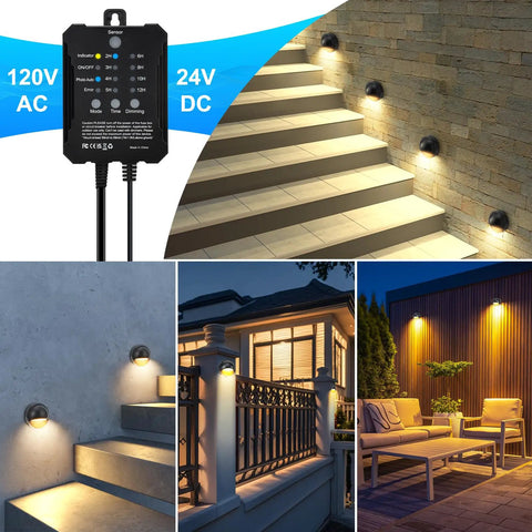 All In One Low Voltage LED Deck Lights Kit With Transformer Timer And Photocell Sensor IP67 Waterproof Outdoor Walkway And Stair Lighting Warm White Fence Post And Railing Lights 8 Pack showing lit outdoor steps and seating area at night.
