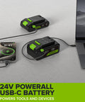 Gnarly 24V Brushless Cordless Impact Driver With Badass 1950 Inch Pound Torque And Fast Swap Hex Collet Two Point Zero Amp Hour Battery Paired With Lightning Fast Usb Charger And Reinforced Braided Cable Built Tough, showing USB-C batteries powering a phone.