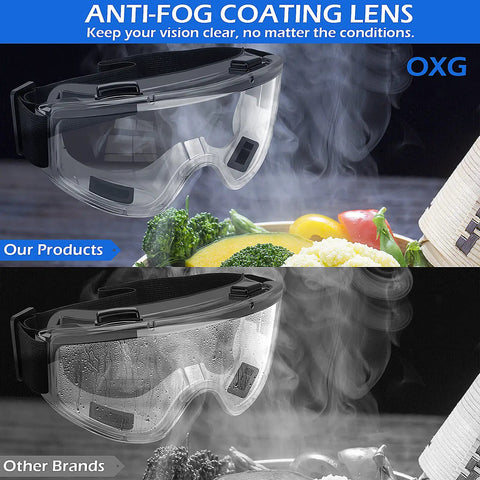 Comparison of anti-fog lenses showing clear visibility of 6 Pack Safety Goggles Set ANSI Z87.1 and fogged lenses on other brands.