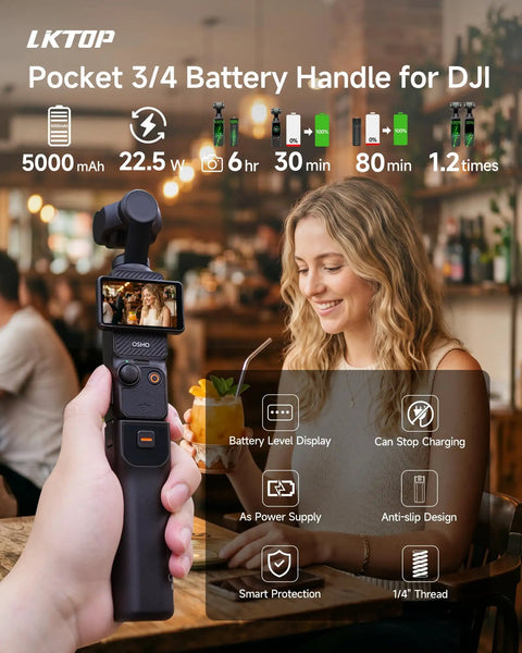 Pocket 3 Battery Handle For DJI Osmo Pocket 3 in use with features overlay, 5000mAh fast charger, travel-ready power grip.