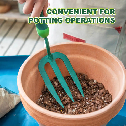 Three-Prong Garden Hand Fork With Carbon Steel Construction And Grip-Friendly Rubber Handle, Rust-Resistant Small Weeder in pot