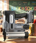 A Total Game Changer 20V Cordless Brad Nailer And Staple Gun Kit with a sleek design on a desk surrounded by books.