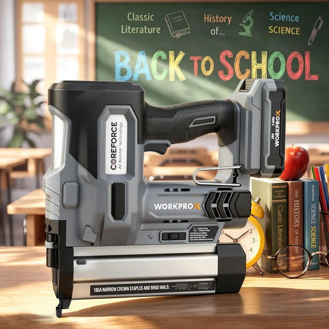 A Total Game Changer 20V Cordless Brad Nailer And Staple Gun Kit with a sleek design on a desk surrounded by books.