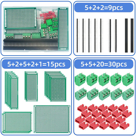 Double Sided PCB Perf Board Kit With 54 Pieces Across Five Sizes For Arduino DIY Soldering Projects Protoboards Include 40 Pin Headers Great For Makers And Circuit Prototyping Hands On For Beginners And Pros, assorted boards and headers