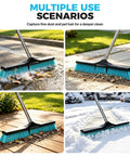 24 Inch Heavy Duty Push Broom With Stainless Steel Handle For Outdoor Commercial Sweeping And Patio Cleanup shown in use on various surfaces.