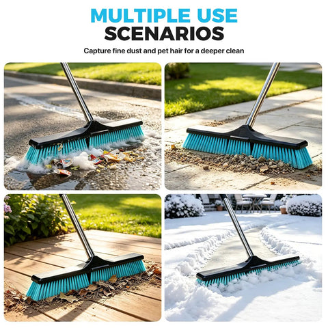 24 Inch Heavy Duty Push Broom With Stainless Steel Handle For Outdoor Commercial Sweeping And Patio Cleanup shown in use on various surfaces.