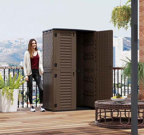 All Weather Outdoor Storage Cabinet For Backyards And Patios with open doors on wooden patio, view of cityscape.
