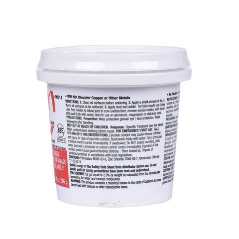 Back view of container for Petroleum Based Paste Flux For Copper Piping, Lead Free Solder Paste, 8 Oz, with instructions visible