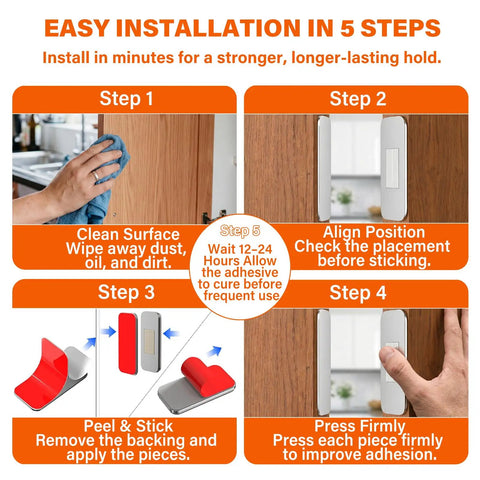 5-step installation guide for Cabinet Magnets For Closure 10 Sets Magnetic Door Catches With 3M Adhesive No Drill Stainless Steel