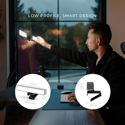 Man using HighBeam Pro Video Conference Lighting Kit For Zoom And Streaming on computer monitor with dual ring LED lights.