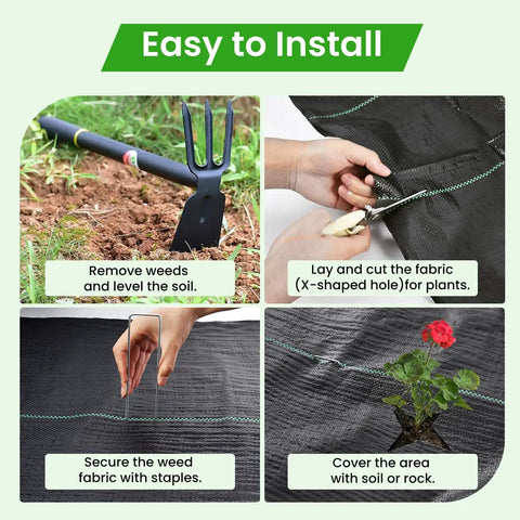 Heavy Duty Weed Barrier Fabric 3.2oz Landscape Material for Garden Beds and Driveways Includes 20 U Shaped Pegs to Secure It Down and Block Weeds Long Lasting Ground Cover for Commercial and Home Landscaping usage guide.