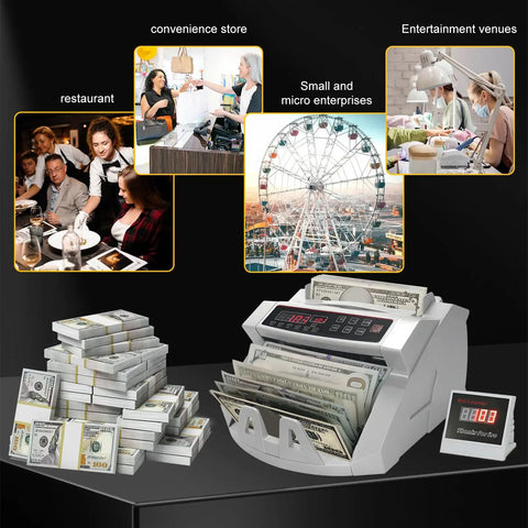 Money Counter With Value Count And UV MG IR Counterfeit Detection displayed with currency stacks in retail settings