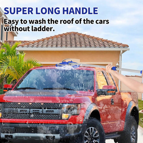 Person using 62 Inch Car Wash Brush Kit With Long Reach Handle And Chenille Microfiber Mop Mitt to wash truck
