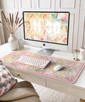 Pink Floral XXL Desk Pad For Keyboard And Mouse Extended 35.4 By 15.7 Inches Anti Slip Big Mouse Pad With Stitched Edges