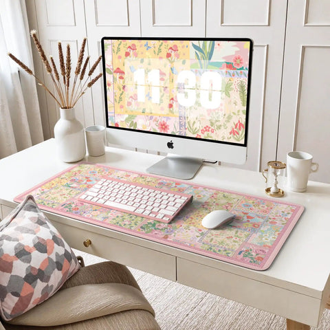 Pink Floral XXL Desk Pad For Keyboard And Mouse Extended 35.4 By 15.7 Inches Anti Slip Big Mouse Pad With Stitched Edges