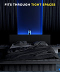 Heavy Duty 15 Feet Flat Plug Extension Cord 14 AWG 3 Prong UL Certified for home, shown behind bed in tight space.