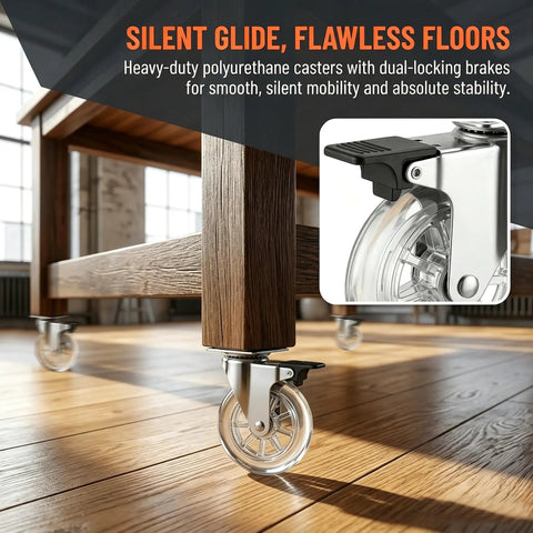 Heavy Hitter 4 Inch Caster Wheels 1100 Lbs Capacity Set Of Four Lockable Polyurethane Casters With Steel Brackets close-up view of a caster wheel under a wooden table.