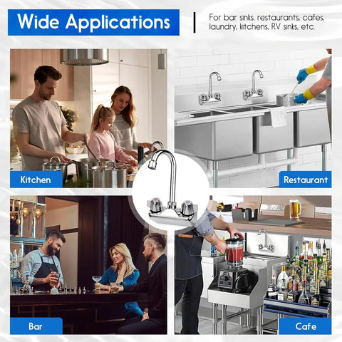 Wide applications of Leak-Free Commercial Hand Sink Faucet With Ceramic Valve, Four Inch Center Wall Mount.