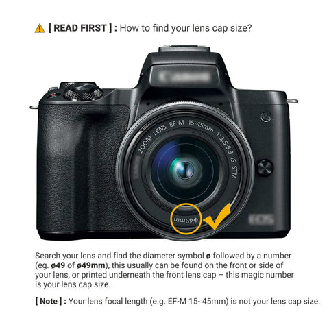 Camera lens showing size for Two-Pack 49mm Front Lens Cap With Keeper For Canon R100 R50 R10 And RF-S Kit Lenses
