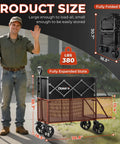 Man with a rake beside a Two Tier Collapsible Wagon With Brakes And Big All Terrain Wheels Folding Utility Cart For Heavy Duty Hauling.