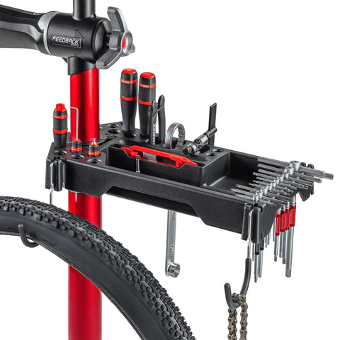 Universal Bike Repair Stand Tool Tray With 27 Tool Slots, Magnetic Parts Tray, Phone Holder, installed on repair stand
