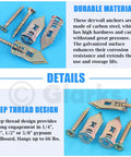 100 Count Drywall Self Drilling Anchors And Screws Kit For Quick Mounts In Gypsum Board Carbon Steel Hollow Wall Anchors With Tapping Screws No Drill Holes Needed Heavy Duty Fast Fix For Home And Office displayed on blue background with descriptions of durability and design features.