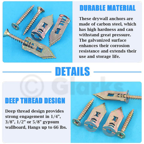 100 Count Drywall Self Drilling Anchors And Screws Kit For Quick Mounts In Gypsum Board Carbon Steel Hollow Wall Anchors With Tapping Screws No Drill Holes Needed Heavy Duty Fast Fix For Home And Office displayed on blue background with descriptions of durability and design features.