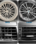 All In One Pro Grade Wheel And Tire Detailing Kit With Eight Brushes Including Four Wheel Cleaning Tools And Three Boar Hair Detail Brushes Plus A Hard Tire Scrubber Flexible Rim Cleaning Set For Cars Motorcycles And Trucks, shown before and after cleaning