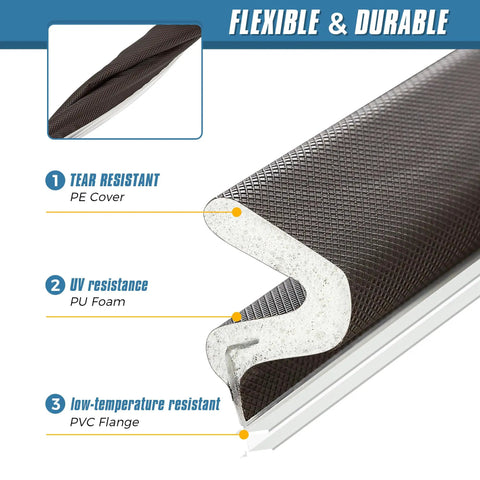 Slap On This Foolproof Door Weather Stripping To Kick Chilly Drafts To The Curb Featuring A Tight V Shaped Kerf Seal That Blocks Light Noise And Wind While Keeping Your Cozy Home Insulation Secure For 26 FT In Brown showing the durable PE cover and PU foam detail.