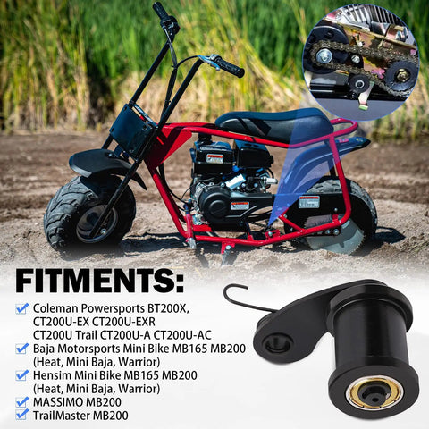 Mini bike with Heavy Duty Chain Tensioner With One And Three Quarter Inch Roller for 6.5HP motors, fitment list shown.