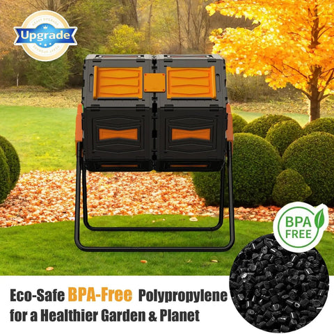 Dual Chamber Rotating Compost Bin Outdoor No Bending No Lifting 45 Gallon Tumbling Garden Bin With 360 Degree Rotation