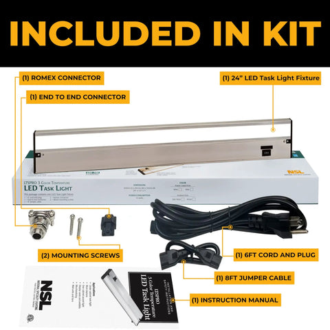 Under Cabinet Lighting Kit 24 Inch Satin Finish With 3 CCT Dimmable Options including connectors, screws, cord, and manual