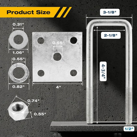 Heavy Duty Hot Dip Galvanized Square U Bolt Kit For 2x2 Trailer Axles, Four And Three Quarters Inch Long, with size details