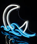 Moon Over Sea Neon Light Sign For Room Decor, anime sunrise sunset design with blue wave and moon curve on black background