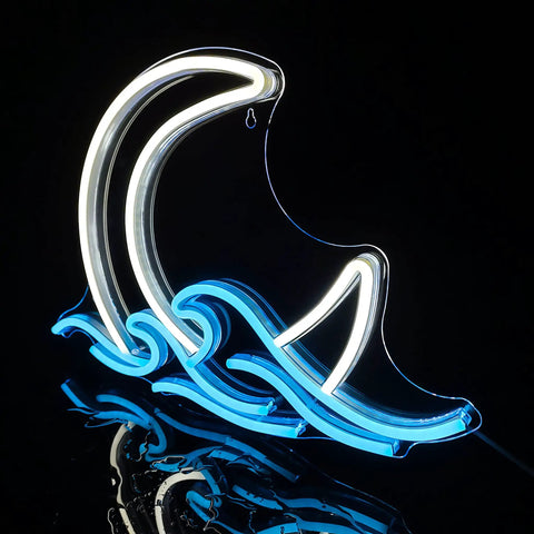 Moon Over Sea Neon Light Sign For Room Decor, anime sunrise sunset design with blue wave and moon curve on black background