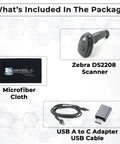 Handheld 2D Barcode Scanner Kit With USB Cable And USB A To USB C Adapter Cleaning Cloth Wired Standard Range Imager Black