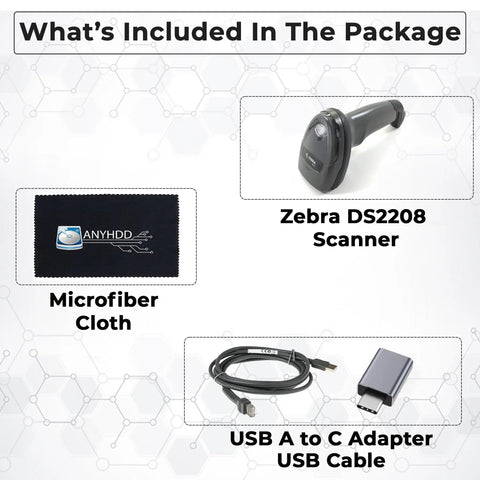Handheld 2D Barcode Scanner Kit With USB Cable And USB A To USB C Adapter Cleaning Cloth Wired Standard Range Imager Black